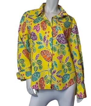 Redd Jeans Top SZ 14 Womens Aloha Yellow Leaf Vintage 90s Button Down Art 2 Wear
